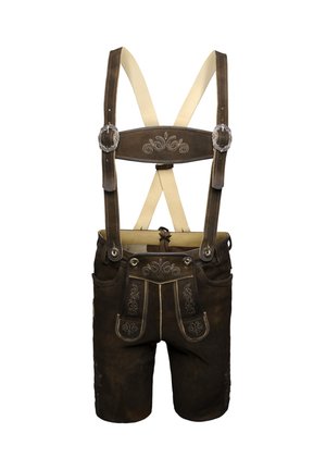 Ruskea nahkainen lederhosen, jossa on brodeeratut yksityiskohdat, säädettävät vaaleat suspenderit ja perinteiset metalliosat.