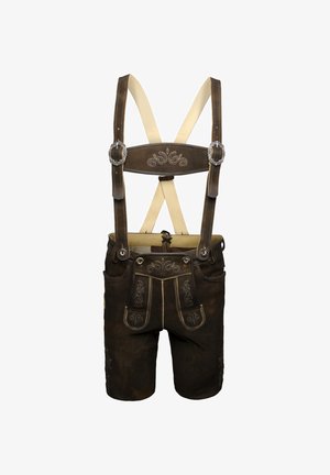 Lederhosen in pelle marrone con dettagli ricamati, bretelle chiare regolabili e accessori tradizionali.