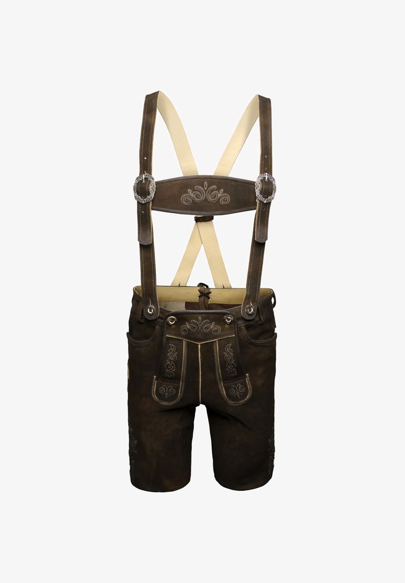 Bruna läderledershorts med broderade detaljer, justerbara ljusa hängslen och traditionella hårdvaruaccenter.