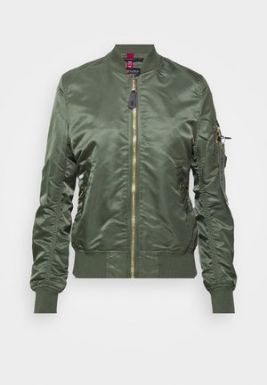 Olive green bomber jacket made of shiny, smooth fabric. Features gold zipper, ribbed cuffs and hem, and a zippered pocket on the sleeve.