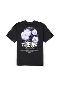 Camiseta de algodón negra con un diseño gráfico que presenta flores azules y texto, incluyendo "FOREVER" y "PAST, PRESENT, FUTURE." Mangas cortas.