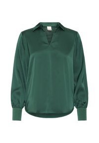 Blusa di raso verde con scollatura a V, maniche lunghe a sbuffo e orli con polsino. La texture liscia e la leggera lucentezza esaltano il design.