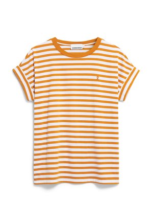 T-shirt rayé jaune et blanc avec un col rond, des manches courtes retroussées, et un petit emblème sur la poitrine gauche. Matériau en coton.