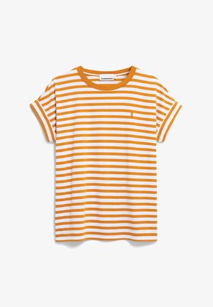 Geel en wit gestreept T-shirt met een ronde hals, korte opgerolde mouwen en een klein embleem op de linkerborst. Van katoen.