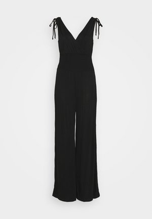 Schwarzer Jumpsuit mit tiefem V-Ausschnitt, verstellbaren绑定셔, geraffter Taille und weitem Bein-Design aus einem weichen, leichten Stoff.