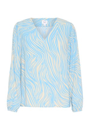 Kék és krém színű, hosszú ujjú blúz V-nyakkal, hullámos mintával és ráncolt mandzsettával. Könnyű anyagból készült.