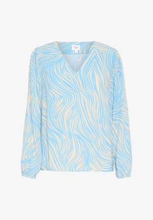 Kék és krém színű, hosszú ujjú blúz V-nyakkal, hullámos mintával és ráncolt mandzsettával. Könnyű anyagból készült.