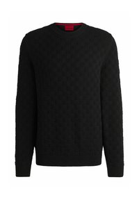 Schwarzer gestrickter Pullover mit einem strukturierten Schachbrettmuster, rundem Ausschnitt und gerippten Bündchen und Saum. Markenlabel im Kragen sichtbar.