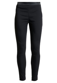 Schwarze Leggings aus dehnbarem Stoff mit einer glatten, matten Textur. Sie verfügen über einen breiten Bund und ein tailliertes Design ohne sichtbare Nähte.