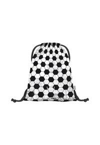 Worek ze sznurkiem o heksagonalnym czarno-białym wzorze. Wykonany z lekkiego materiału, z zapięciem typu cinch i szarymi akcentami.