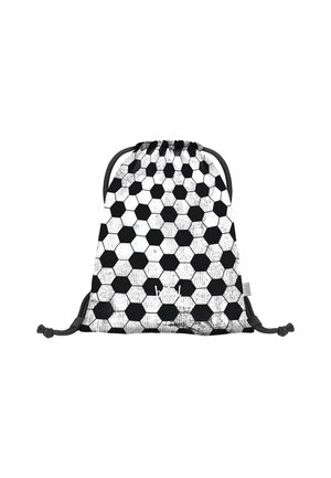 Schnürbeutel mit einem hexagonalen Schwarz-Weiß-Muster. Hergestellt aus leichtem Stoff, mit einer Kordelzugverschluss und grauen Akzenten.