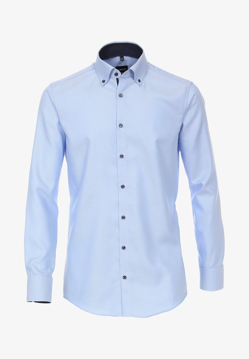 Light blue button-up shirt with a textured pattern, a dark blue collar, and black buttons. Long sleeves with buttoned cuffs.