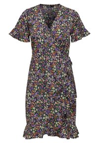 Blumenkleid mit kurzem Ärmel, V-Ausschnitt, schmalem Saum, schwarzem Hintergrund und einem Muster aus lila, orange und weißen Blumen.