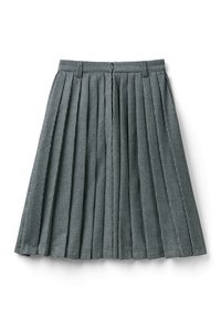 Plisovaná sukně v černo-bílé kárované vzoru, vyrobená z lehkého materiálu, s těsným pasem a rozšířeným střihem.