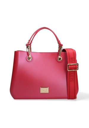 Rode leren handtas met dubbele handvatten, afneembare brede stoffen schouderriem en hardware accenten in goudkleur.