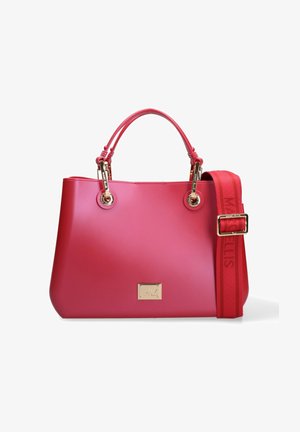Rote Lederhandtasche mit doppelten Griffen, abnehmbarem breitem Stoffschulterriemen und goldfarbenen Metallakzenten.