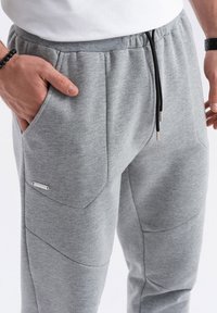 Grijze joggingsbroek van zachte stof, met een tailleband met trekkoord, zijzakken en een slank ontwerp met gestreepte accenten op de benen.