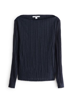 Granatowy, długi rękaw prążkowany sweter z dekoltem w łódkę, prostym dołem i teksturowanymi pionowymi liniami.