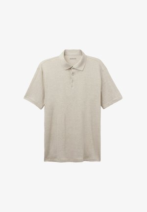 Beige polo t-shirt lavet af blødt stof, med en tre-knaps placket, korte ærmer og en klassisk krave med subtil tekstur.