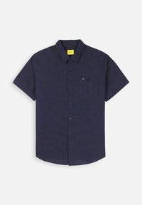 Chemise à manches courtes à boutons, bleu marine avec un motif texturé subtil, dotée d'une poche, et col standard. Fabriquée en tissu léger.