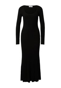 Schwarzes, geripptes Langarmkleid mit rundem Ausschnitt, figurbetontem Schnitt und ausgestellt am Saum. Weicher Stoff, geeignet für verschiedene Anlässe.