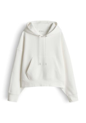 Weißer, kurz geschnittener Hoodie aus weichem Stoff, mit Fronttasche, Kapuze mit Kordelzug und gerippten Bündchen. Einfaches und schmuckloses Design.