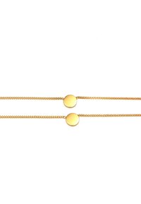 Guldplateret armbånd med to glatte, cirkulære accenter og et fint kædedesign, der har en skinnende overflade og ensartet tekstur hele vejen igennem.