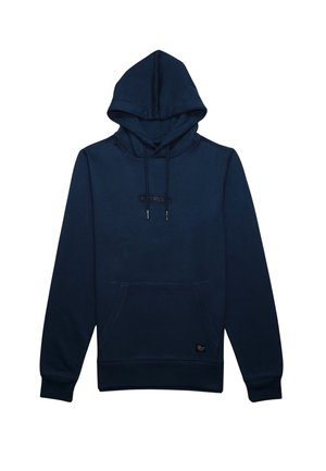 Marineblauwe hoodie met een voorzak, trekkoord en een gestikt logolabel. Zachte stof met een gladde textuur.