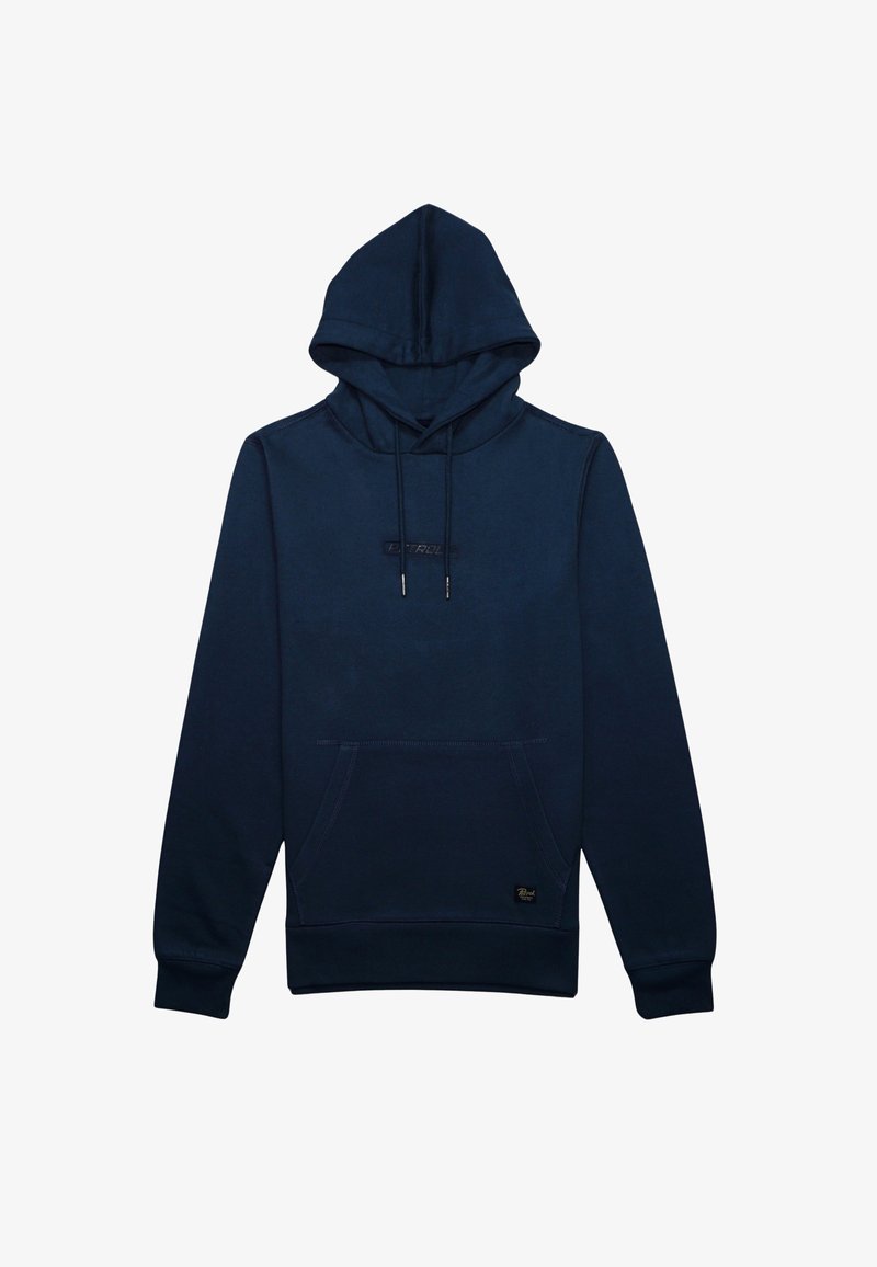 Sötétkék kapucnis sweatshirts elülső zsebbel, húzózsinórral és hímezett logócikkel. Puha anyag, sima textúrával.
