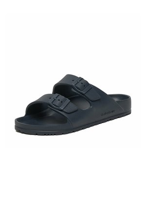 Sort slide-sandal med to justerbare spænderem og tekstureret sål, designet til afslappet brug.