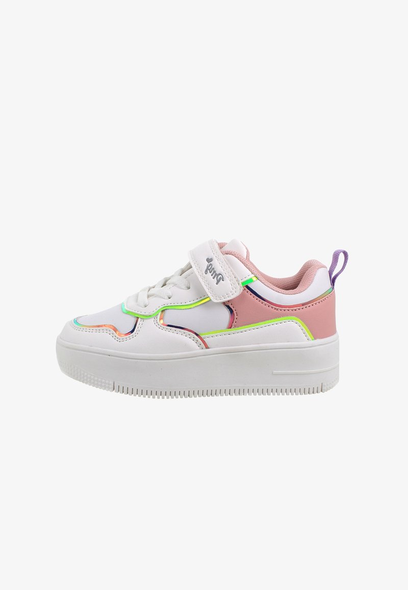 Sneaker bianco con accenti rosa e arcobaleno, dotato di punta arrotondata, chiusura con lacci, cinturino in Velcro, collo imbottito e suola testurizzata.