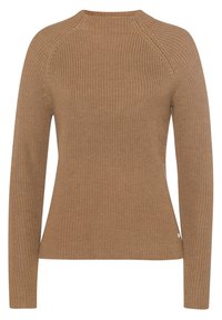 Pull marron en tricot avec manches longues, encolure ronde et motif texturé. Présente une coupe ajustée et un petit logo sur le côté.