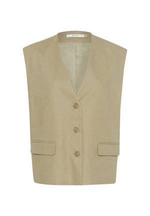 Gilet beige senza maniche in lino, con scollo a V, tre bottoni e due tasche frontali. Texture liscia e design minimalista.