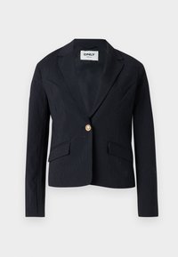 Blazer bleu marine à rayures, avec une coupe slim, fermeture à un seul bouton doré, deux poches avant et un design à revers.
