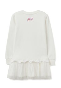 Vestido sudadera blanco de manga larga, con bajo de tul fruncido y un diseño impreso rosa en la espalda. Material de algodón suave.