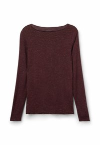 Langärmliges, kastanienbraunes, gesprenkeltes Strickoberteil mit Rundhalsausschnitt, flach auf einem weißen Hintergrund präsentiert.