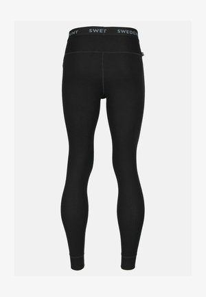 Leggings neri a coste con una cintura ampia e il marchio "SWEDENT". Texture morbida con una vestibilità avvolgente, che si restringe verso la caviglia.