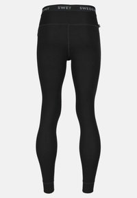Sorte ribbede leggings med en bred talje, der har "SWEDENT" branding. Blød tekstur med tætsiddende pasform, der smalner ind mod anklen.