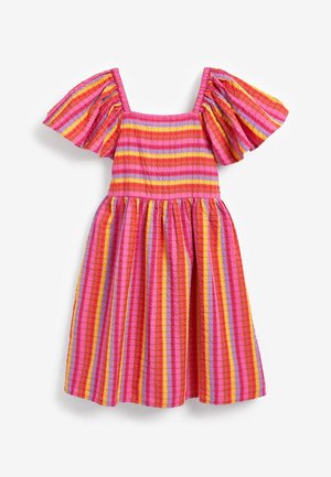 Robe rayée multicolore avec manches bouffantes, encolure carrée et jupe froncée. Confectionnée dans un tissu léger avec une finition texturée.
