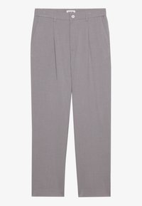 Grey tailored trousers with a straight cut, featuring two front pockets, pleats, and a button closure. Made from lightweight fabric.