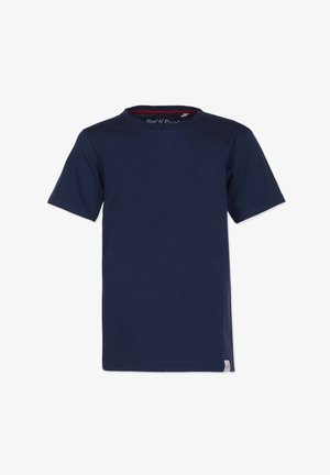 Mørkeblå bomulds T-shirt med korte ærmer, rund halsudskæring og et lille logo-tag nederst til venstre. Glat tekstur.