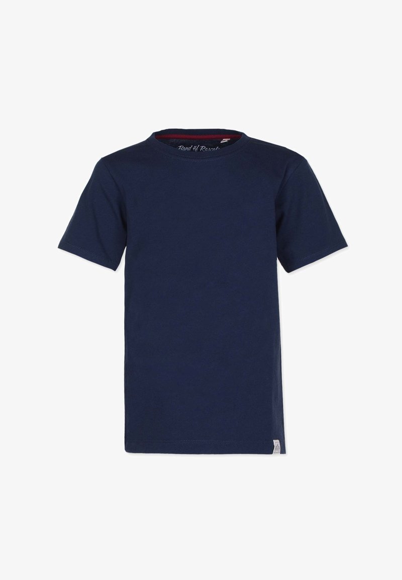 T-paita tummansinisestä puuvillasta, jossa on lyhyet hihat, pyöreä kaula-aukko ja pieni logotagi vasemmassa alareunassa. Sileä pinta.