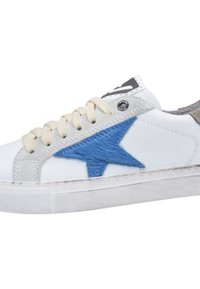White sneaker with blue star design, grey suede accents, and beige laces. Textured rubber sole and slightly worn appearance.