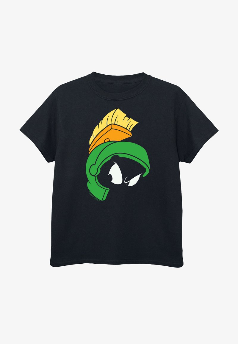 Black cotton T-shirt featuring a cartoon character's head, green helmet with orange and yellow accents, and bold white eyes.