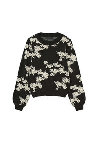 Pull noir avec un motif floral texturé crème, encolure ronde et manches longues avec des bords côtelés. Matière tricotée douce.