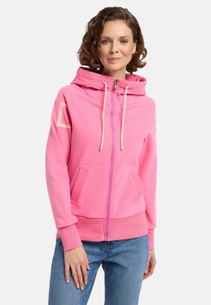 Rosa huvtröja med dragkedja, snörning och sidofickor. Har en kontrasterande logotypdetalj på ärmen och en mjuk, slät textur.
