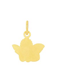 Guld fjäril charm med matt yta och slät textur. Har en cirkulär ögla för fäste, vilket framhäver dess fjärilsform.