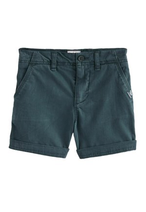 Dunkelgrüne Baumwollshorts mit Knopfverschluss, Gürtelschlaufen und umgeschlagenen Säumen; verfügt über zwei Seitentaschen und ein Markenetikett an der Seite.