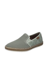 Scarpe slip-on verdi realizzate in rete e suede. Presentano una suola in juta intrecciata e accenti cuciti. Punta rotonda e design a profilo basso.