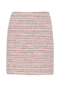 Vävd tygkjol med en texturerad yta, med horisontella ränder i pastellfärger av rosa, blått och beige. Klassisk A-linjeform.
